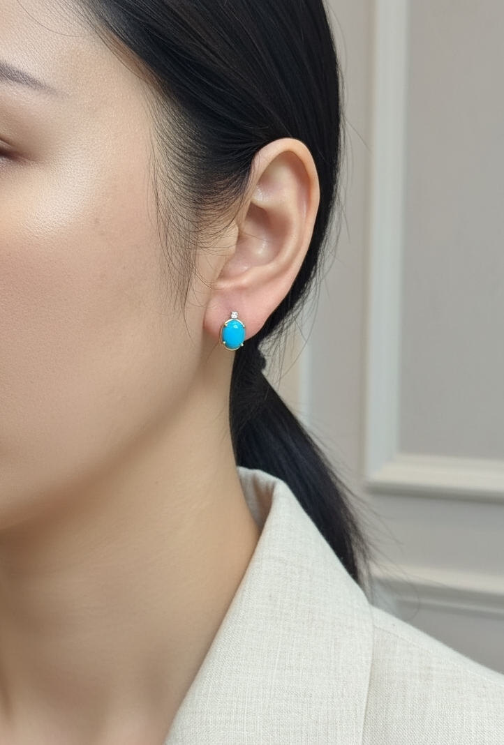 18K yellow gold turquoise and diamond stud earrings – oval turquoise with diamond accents – Emirates Diamonds