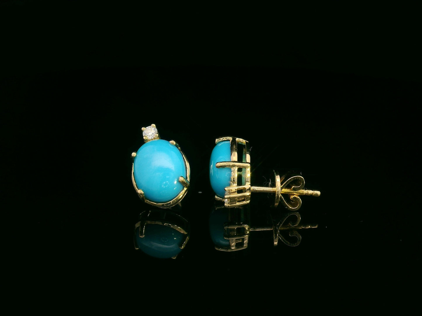18K yellow gold turquoise and diamond stud earrings – oval turquoise with diamond accents – Emirates Diamonds