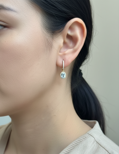 18K yellow gold aquamarine and diamond halo dangle earrings with pavé hoops, 0.87ct aquamarine & 0.39ct diamonds – Emirates Diamonds