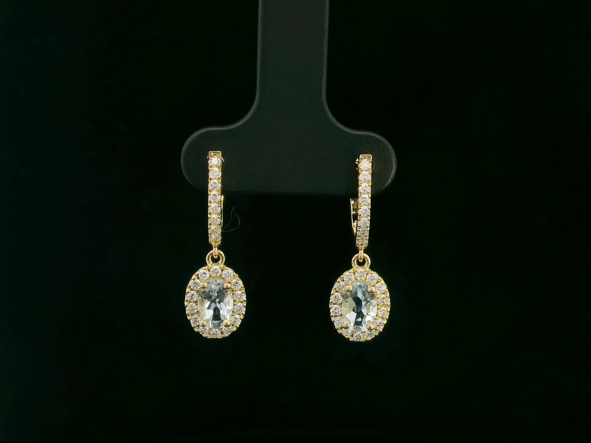 18K yellow gold aquamarine and diamond halo dangle earrings with pavé hoops, 0.87ct aquamarine & 0.39ct diamonds – Emirates Diamonds