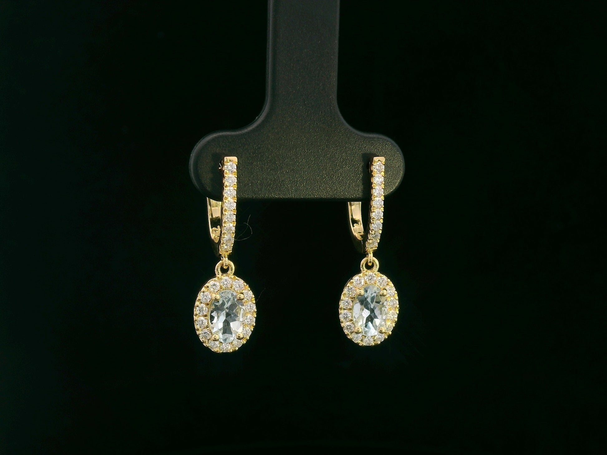 18K yellow gold aquamarine and diamond halo dangle earrings with pavé hoops, 0.87ct aquamarine & 0.39ct diamonds – Emirates Diamonds