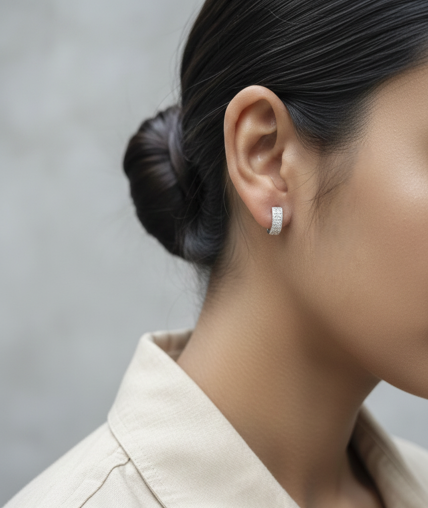 18K white gold pavé diamond huggie earrings with three-row design – Emirates Diamonds