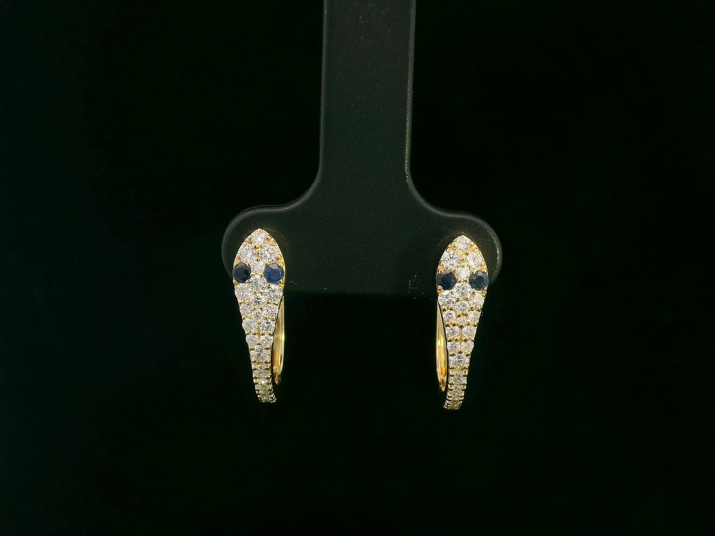 18K yellow gold serpent-inspired hoop earrings with pavé diamonds and blue sapphires – Emirates Diamonds