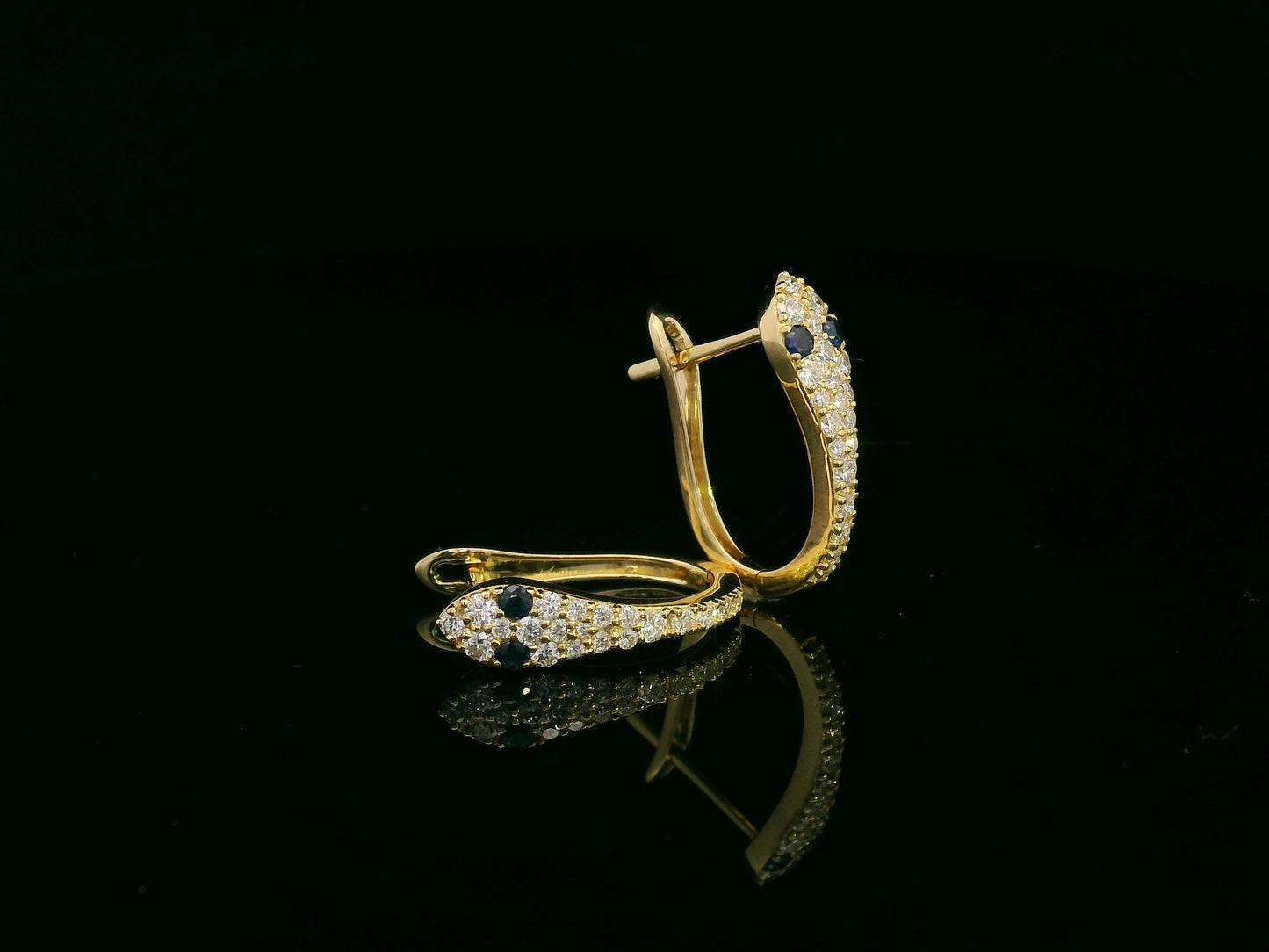 18K yellow gold serpent-inspired hoop earrings with pavé diamonds and blue sapphires – Emirates Diamonds