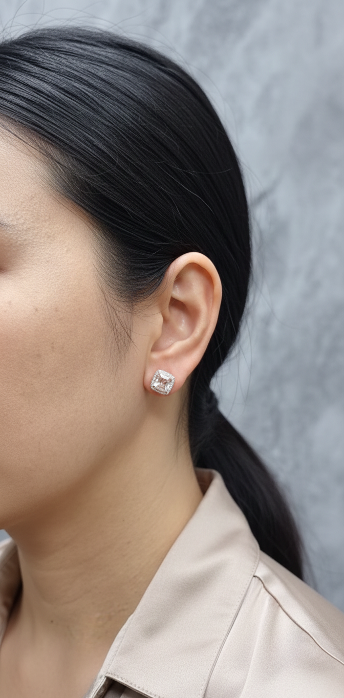 18K rose gold cushion-cut peach morganite and diamond halo stud earrings, 2.43ct morganite and 0.36ct diamonds – Emirates Diamonds