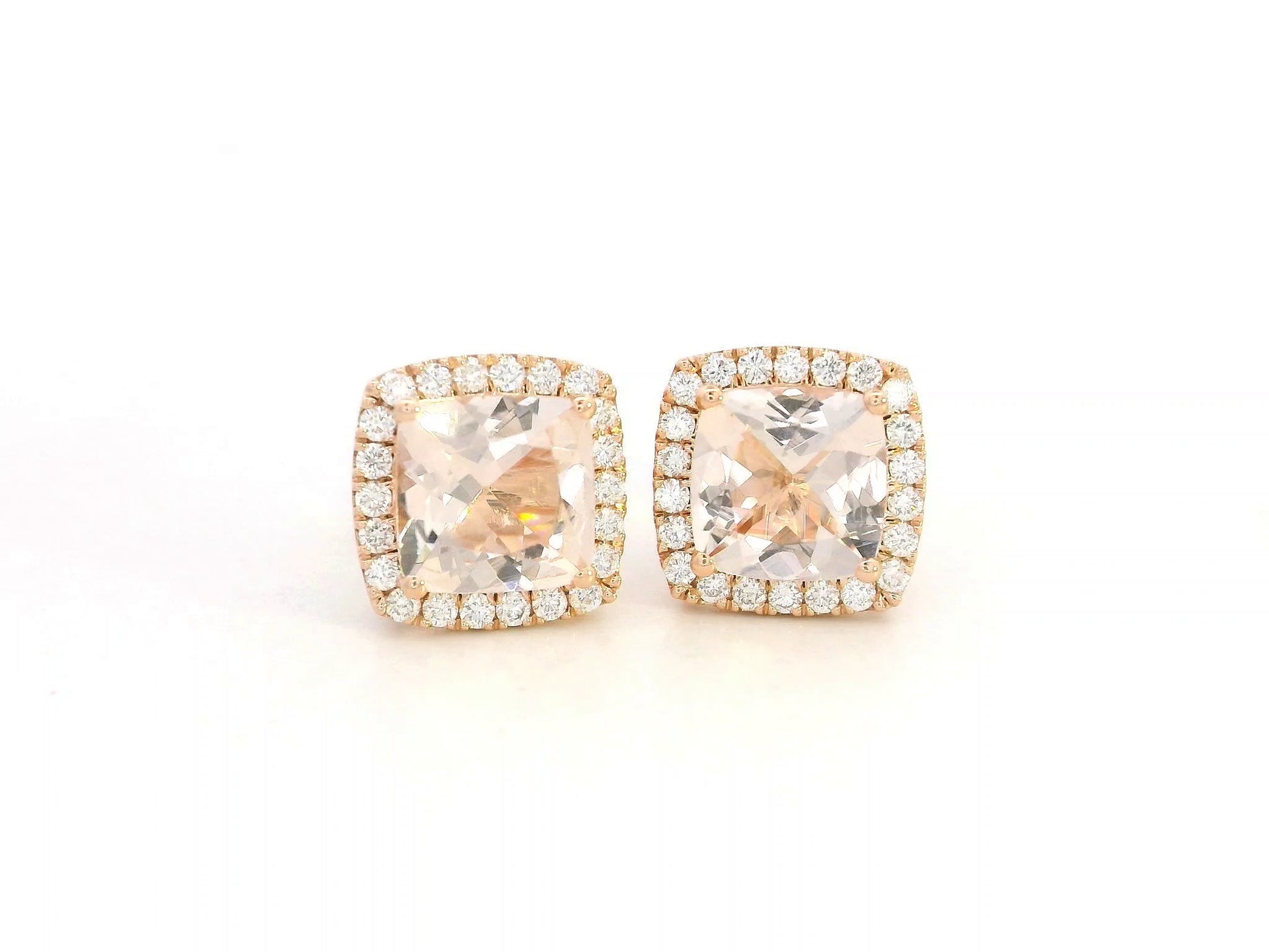 18K rose gold cushion-cut peach morganite and diamond halo stud earrings, 2.43ct morganite and 0.36ct diamonds – Emirates Diamonds