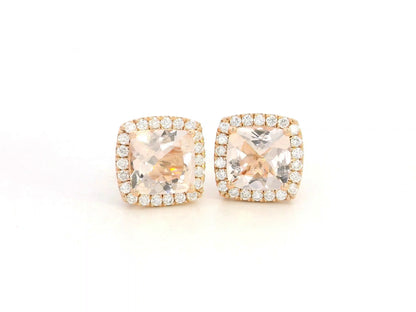 18K rose gold cushion-cut peach morganite and diamond halo stud earrings, 2.43ct morganite and 0.36ct diamonds – Emirates Diamonds