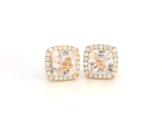 18K rose gold cushion-cut peach morganite and diamond halo stud earrings, 2.43ct morganite and 0.36ct diamonds – Emirates Diamonds