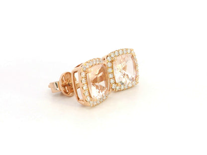 18K rose gold cushion-cut peach morganite and diamond halo stud earrings, 2.43ct morganite and 0.36ct diamonds – Emirates Diamonds