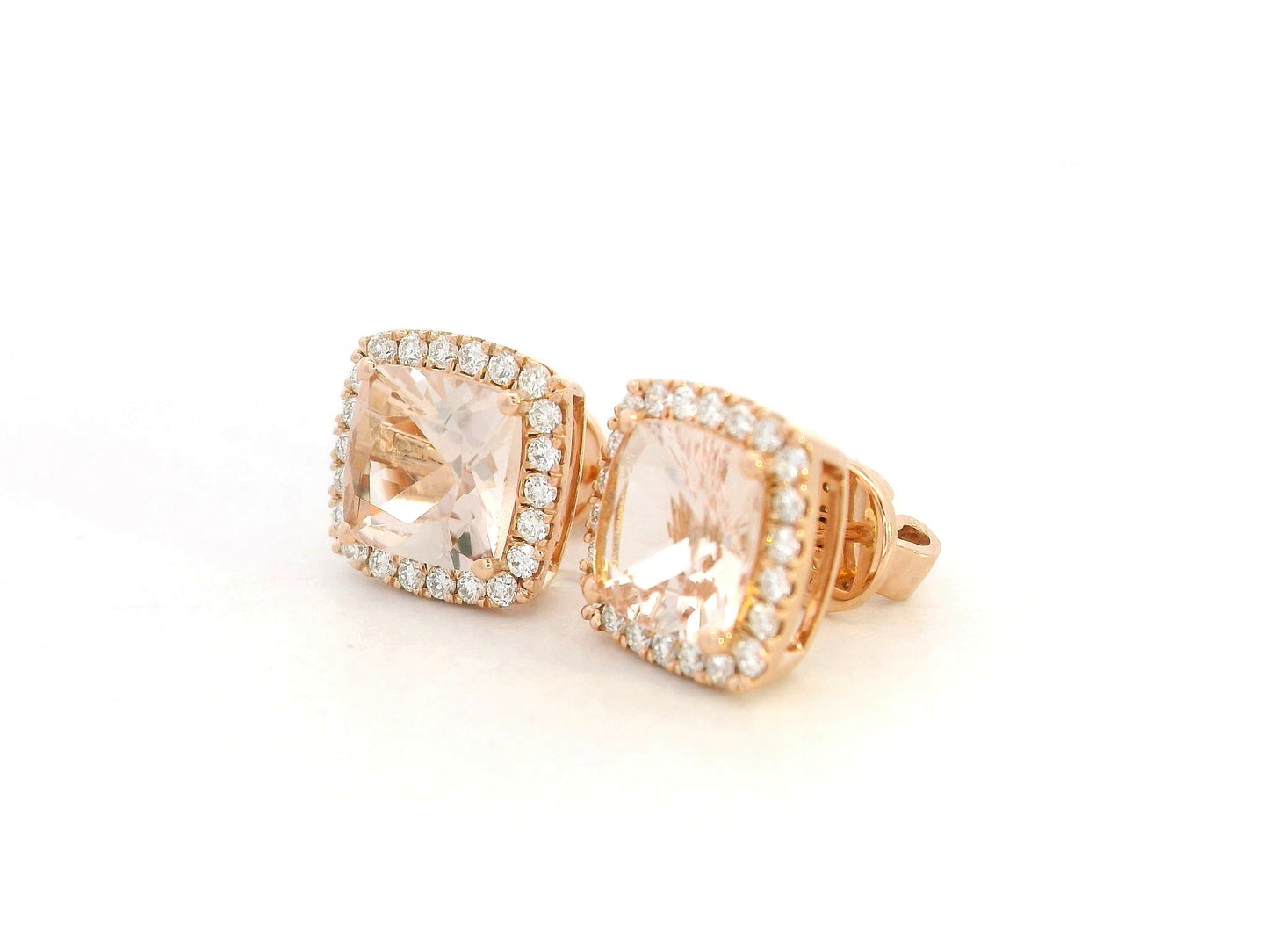 18K rose gold cushion-cut peach morganite and diamond halo stud earrings, 2.43ct morganite and 0.36ct diamonds – Emirates Diamonds
