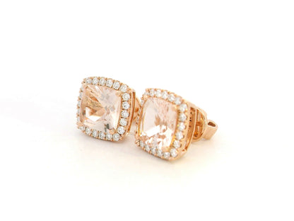 18K rose gold cushion-cut peach morganite and diamond halo stud earrings, 2.43ct morganite and 0.36ct diamonds – Emirates Diamonds