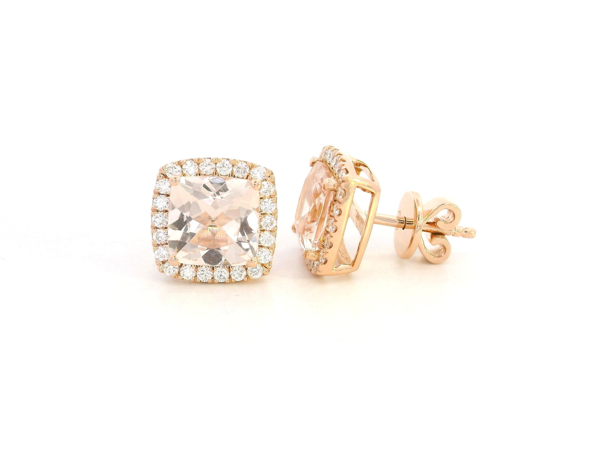18K rose gold cushion-cut peach morganite and diamond halo stud earrings, 2.43ct morganite and 0.36ct diamonds – Emirates Diamonds