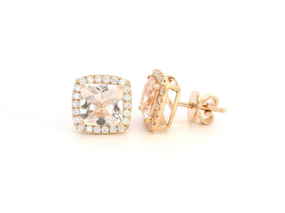 18K rose gold cushion-cut peach morganite and diamond halo stud earrings, 2.43ct morganite and 0.36ct diamonds – Emirates Diamonds