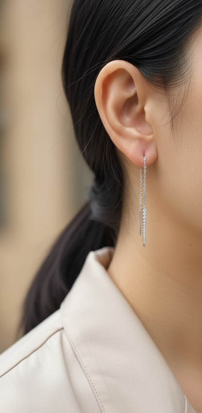 18K white gold long diamond threader earrings with tapered pavé bar – Emirates Diamonds