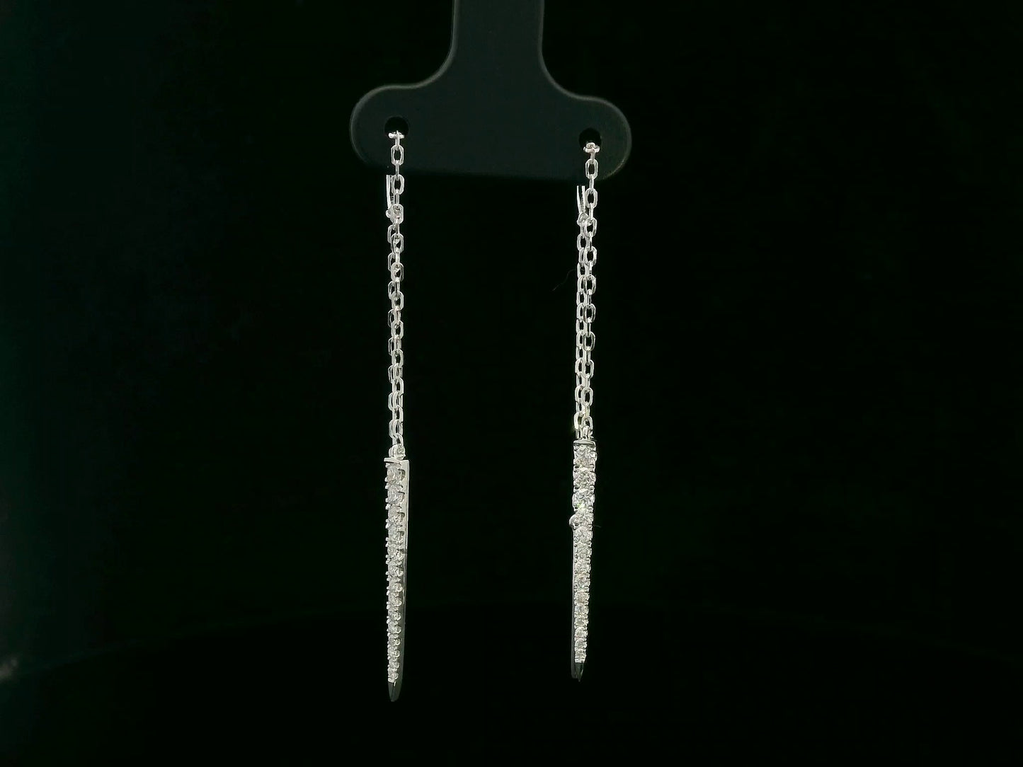 18K white gold long diamond threader earrings with tapered pavé bar – Emirates Diamonds