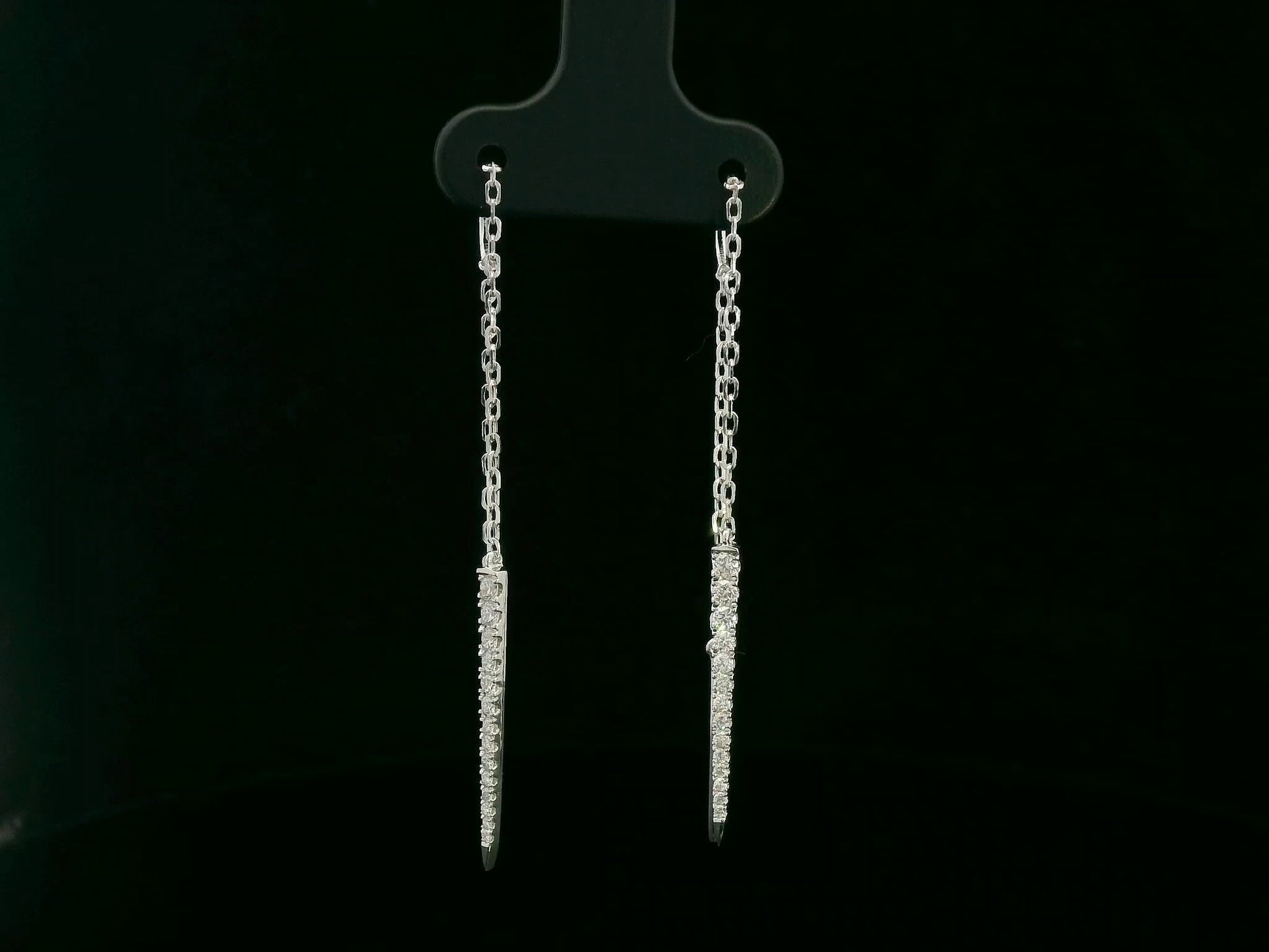 18K white gold long diamond threader earrings with tapered pavé bar – Emirates Diamonds