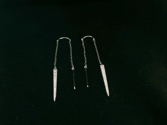 18K white gold long diamond threader earrings with tapered pavé bar – Emirates Diamonds