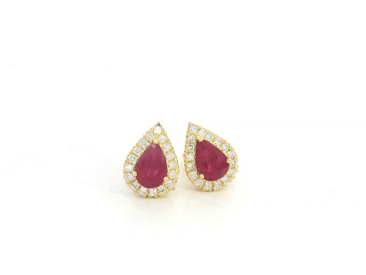 18K yellow gold ruby stud earrings with pear-shaped 1.58ct rubies and 0.28ct diamond halos – Emirates Diamonds