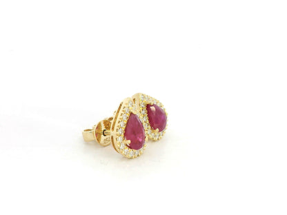 18K yellow gold ruby stud earrings with pear-shaped 1.58ct rubies and 0.28ct diamond halos – Emirates Diamonds