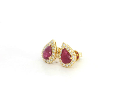 18K yellow gold ruby stud earrings with pear-shaped 1.58ct rubies and 0.28ct diamond halos – Emirates Diamonds