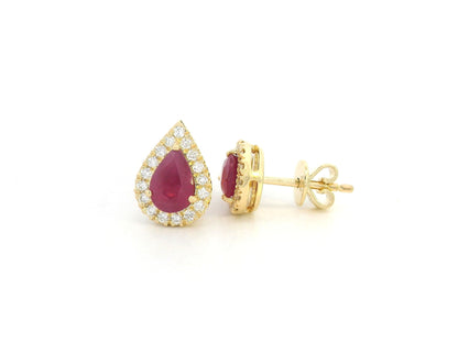 18K yellow gold ruby stud earrings with pear-shaped 1.58ct rubies and 0.28ct diamond halos – Emirates Diamonds