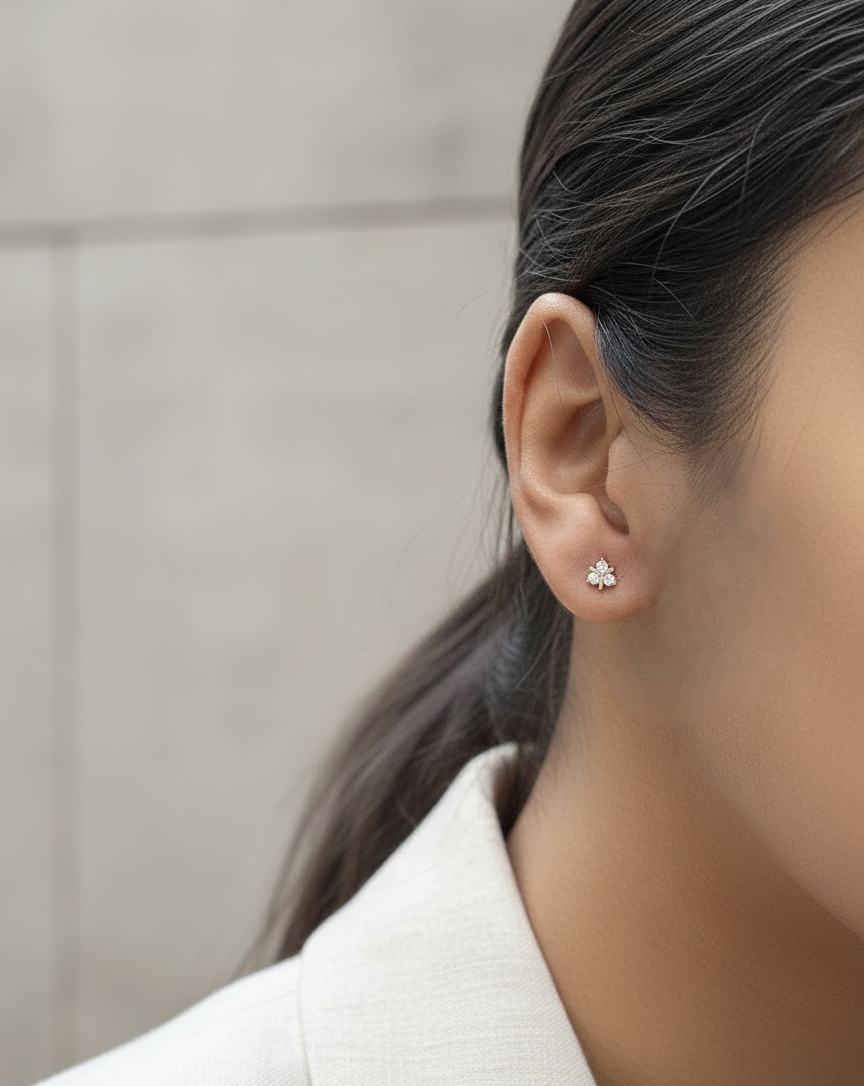 18K white gold three-stone diamond stud earrings with minimalist cluster design – Emirates Diamonds