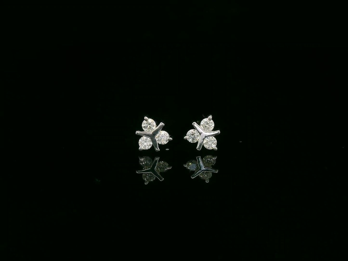 18K white gold three-stone diamond stud earrings with minimalist cluster design – Emirates Diamonds