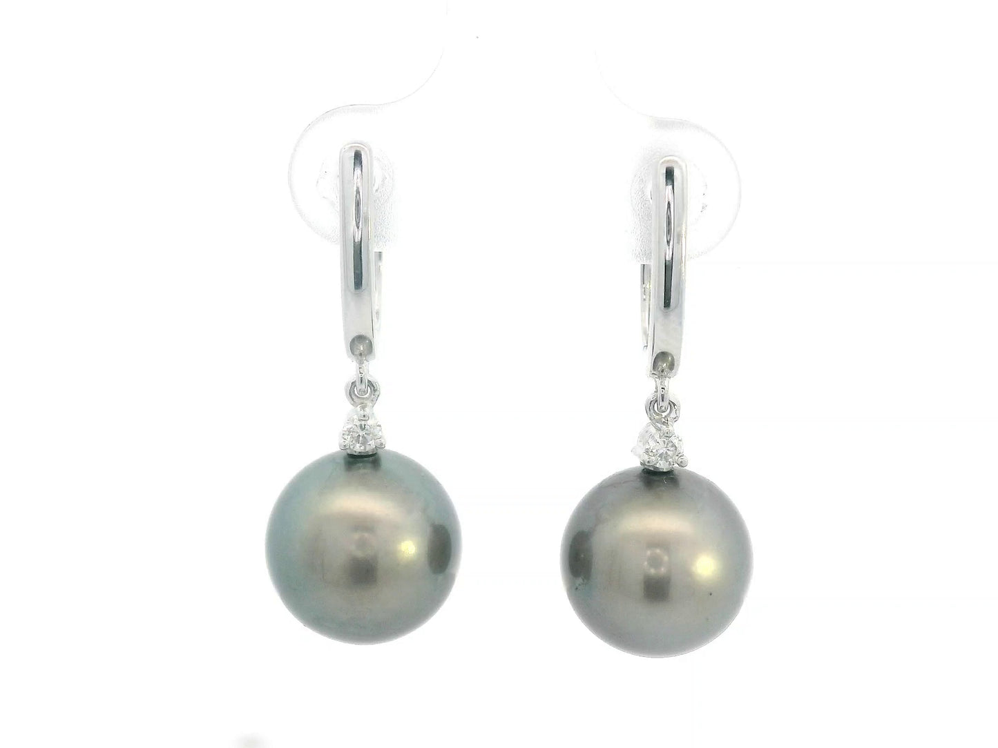 18K white gold Tahitian black pearl drop earrings with diamond accents, luxury pearl fine jewelry by Emirates Diamonds.