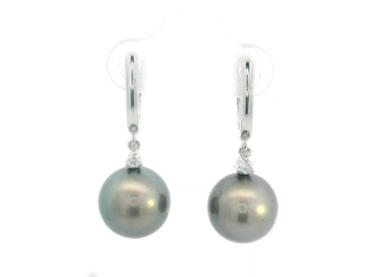 18K white gold Tahitian black pearl drop earrings with diamond accents, luxury pearl fine jewelry by Emirates Diamonds.