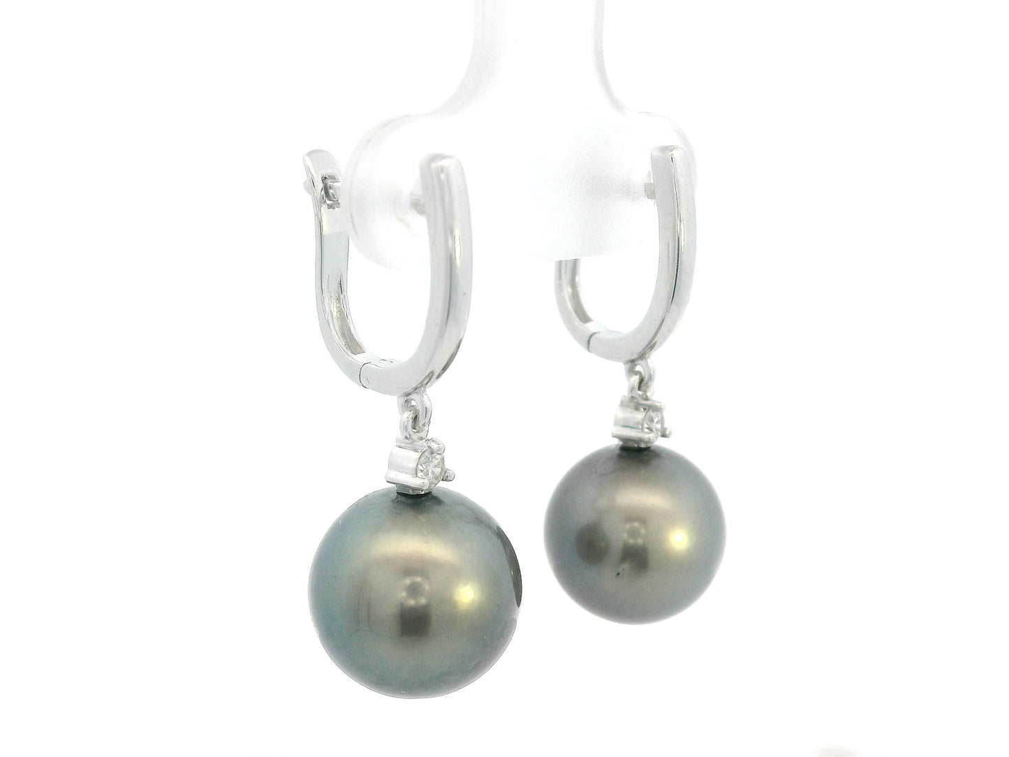 18K white gold Tahitian black pearl drop earrings with diamond accents, luxury pearl fine jewelry by Emirates Diamonds.