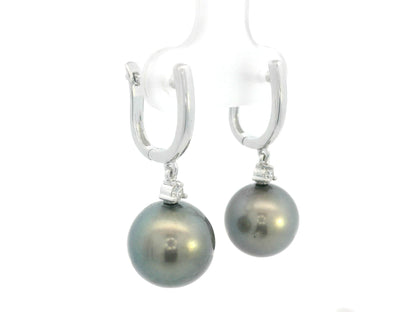 18K white gold Tahitian black pearl drop earrings with diamond accents, luxury pearl fine jewelry by Emirates Diamonds.
