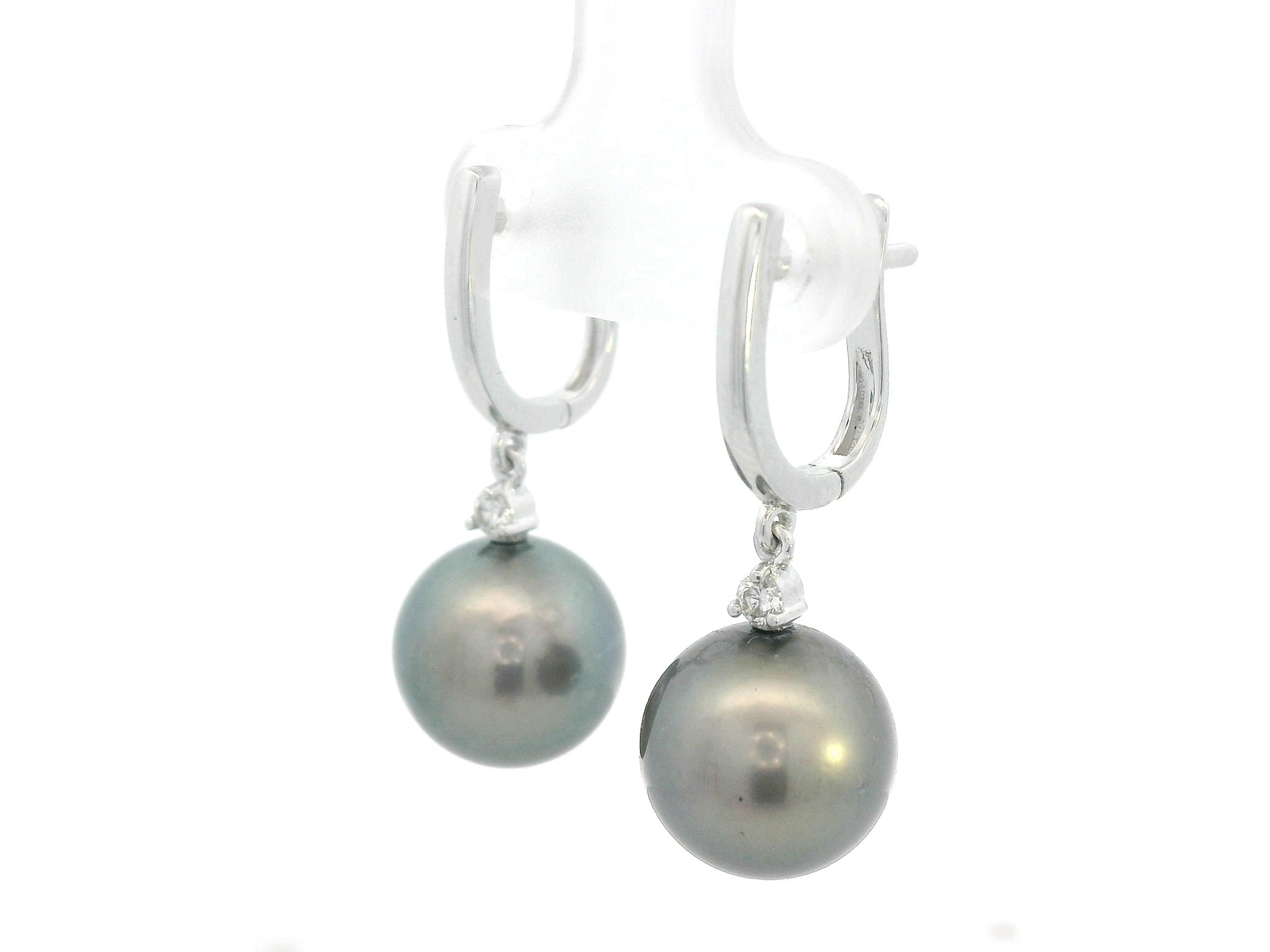 18K white gold Tahitian black pearl drop earrings with diamond accents, luxury pearl fine jewelry by Emirates Diamonds.