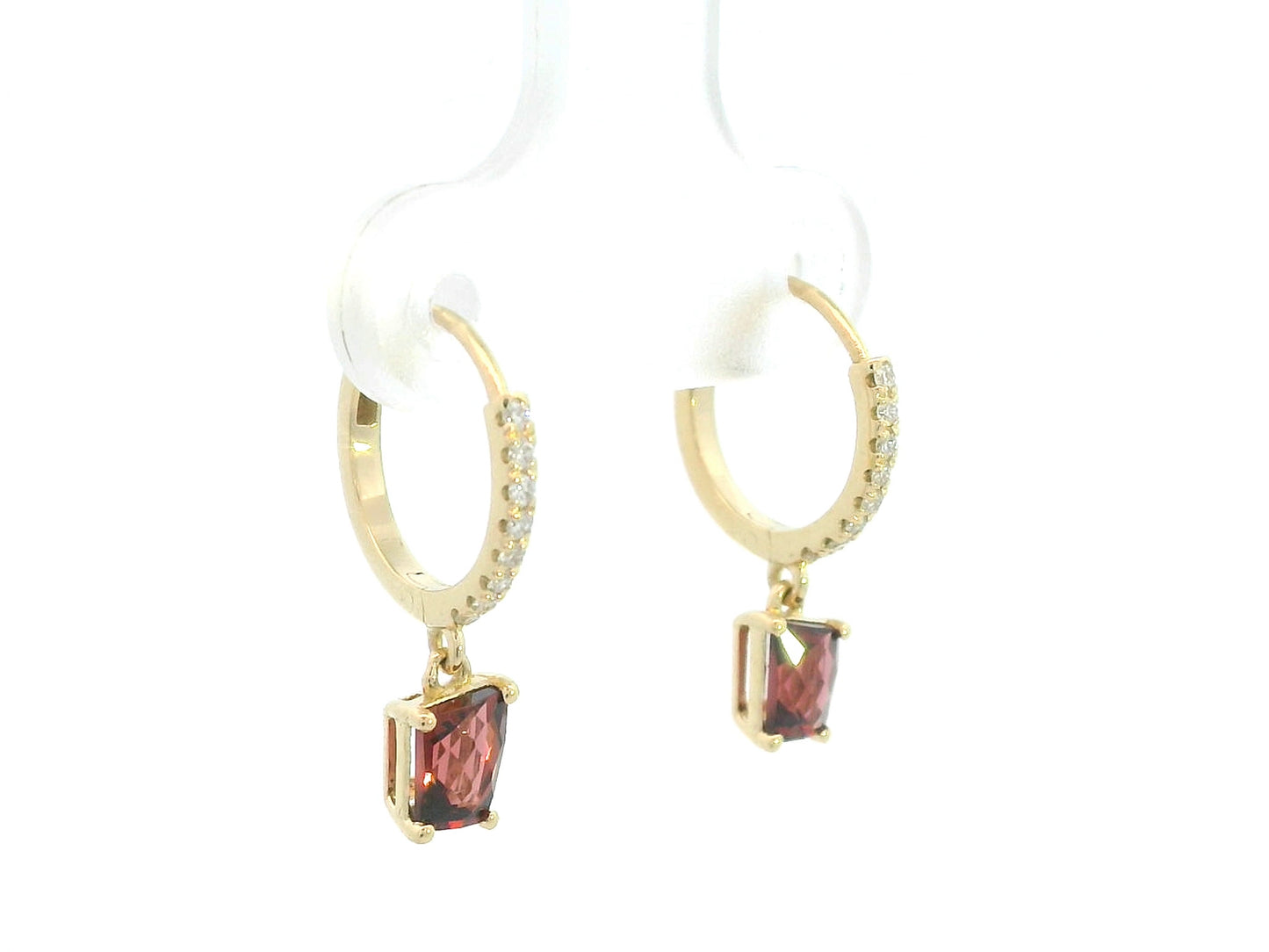 18K yellow gold hoop earrings with natural garnet drops and diamond accents, elegant fine jewelry by Emirates Diamonds.