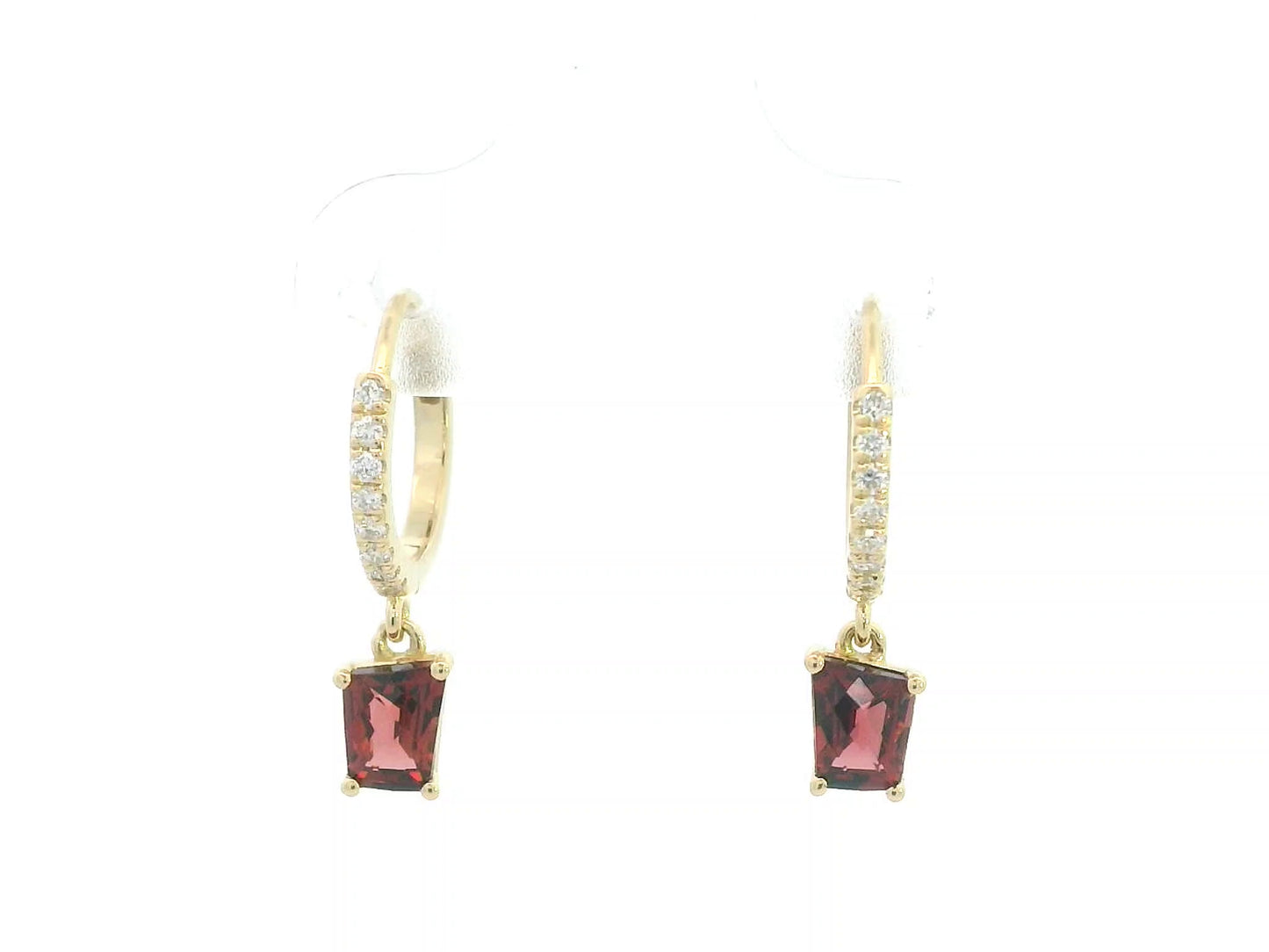 18K yellow gold hoop earrings with natural garnet drops and diamond accents, elegant fine jewelry by Emirates Diamonds.