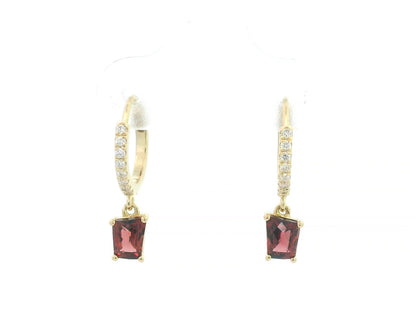 18K yellow gold hoop earrings with natural garnet drops and diamond accents, elegant fine jewelry by Emirates Diamonds.