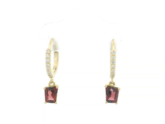 18K yellow gold hoop earrings with natural garnet drops and diamond accents, elegant fine jewelry by Emirates Diamonds.