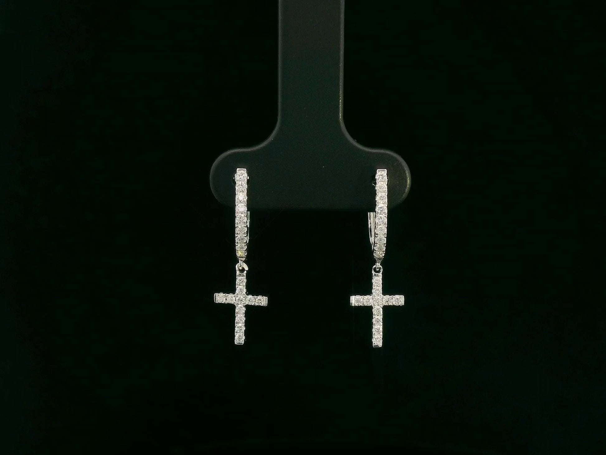 18K gold diamond cross drop hoop earrings with pavé-set natural diamonds by Emirates Diamonds.