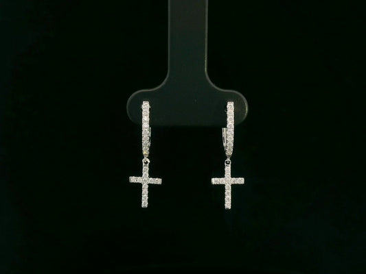 18K gold diamond cross drop hoop earrings with pavé-set natural diamonds by Emirates Diamonds.
