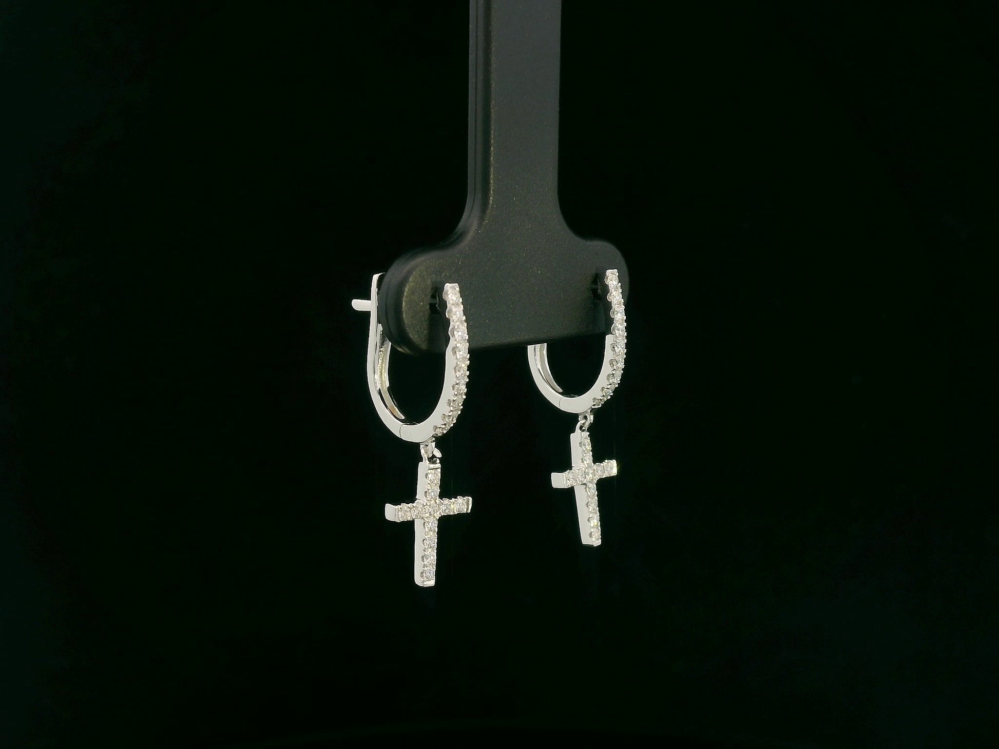 18K gold diamond cross drop hoop earrings with pavé-set natural diamonds by Emirates Diamonds.