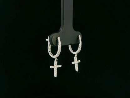 18K gold diamond cross drop hoop earrings with pavé-set natural diamonds by Emirates Diamonds.