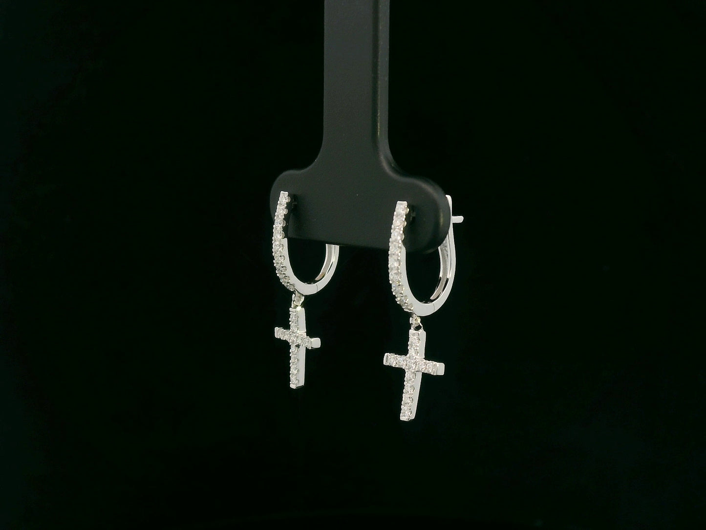 18K gold diamond cross drop hoop earrings with pavé-set natural diamonds by Emirates Diamonds.