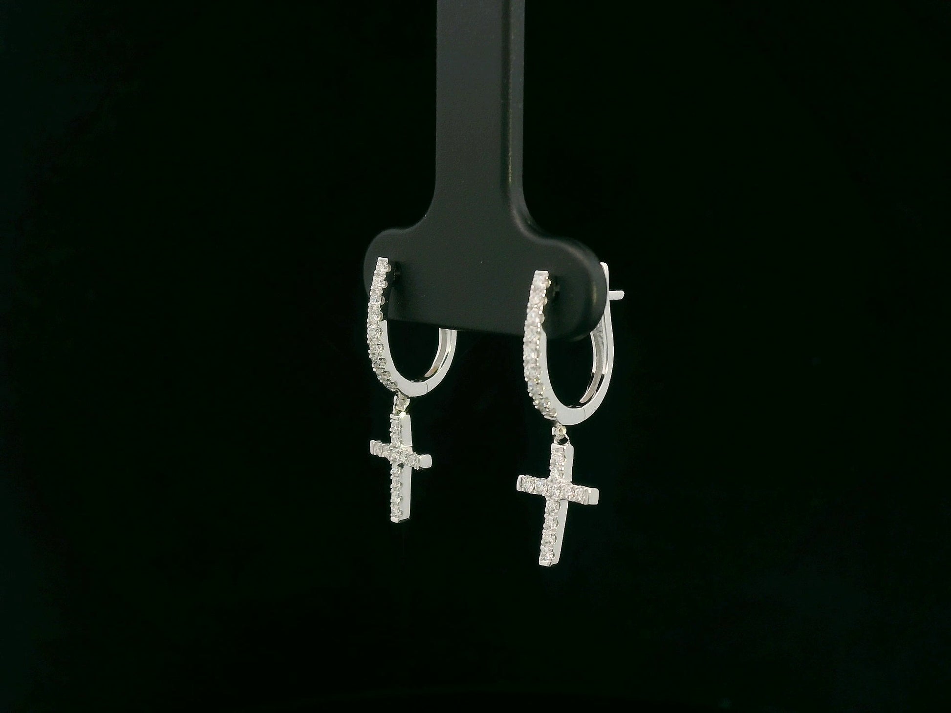 18K gold diamond cross drop hoop earrings with pavé-set natural diamonds by Emirates Diamonds.