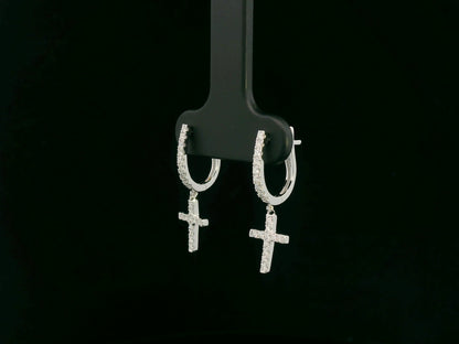 18K gold diamond cross drop hoop earrings with pavé-set natural diamonds by Emirates Diamonds.