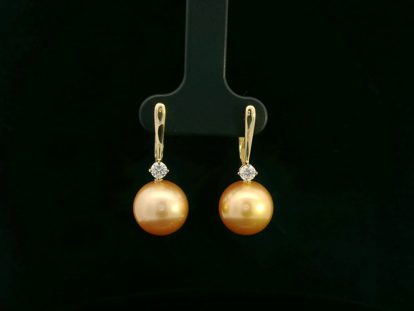 18K yellow gold South Sea golden pearl drop earrings with diamond accents by Emirates Diamonds