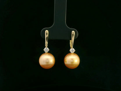 18K yellow gold South Sea golden pearl drop earrings with diamond accents by Emirates Diamonds