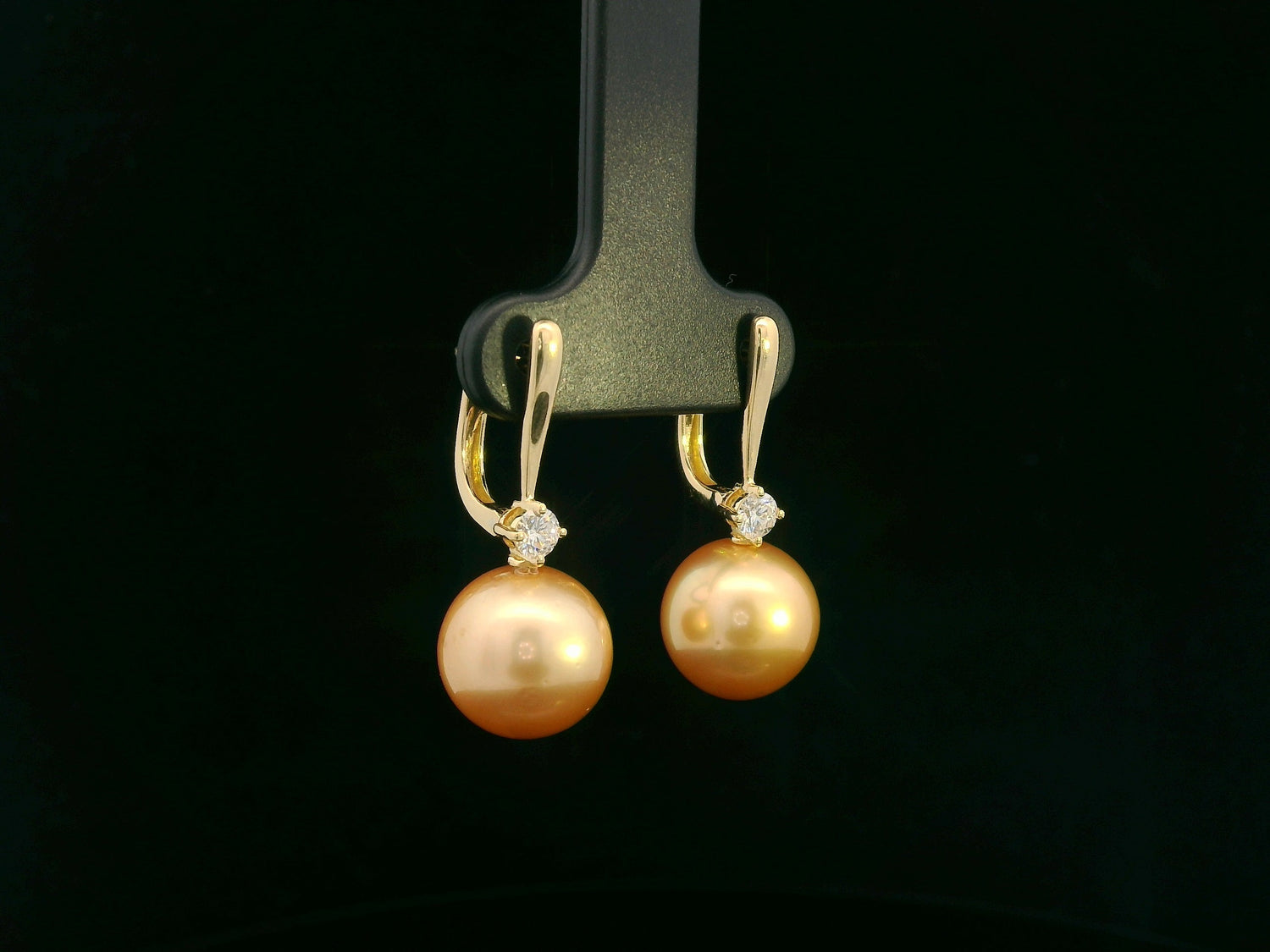 18K yellow gold South Sea golden pearl drop earrings with diamond accents by Emirates Diamonds