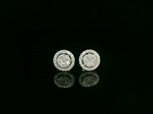18K white gold diamond halo stud earrings with round cluster design and 1.05 carat total diamond weight by Emirates Diamonds