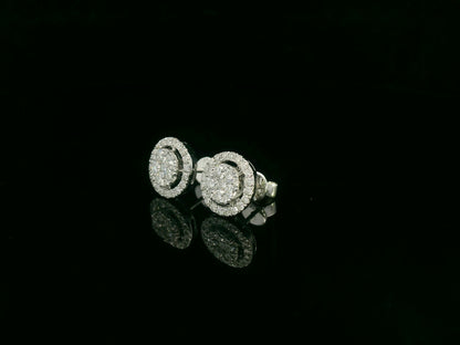 18K white gold diamond halo stud earrings with round cluster design and 1.05 carat total diamond weight by Emirates Diamonds