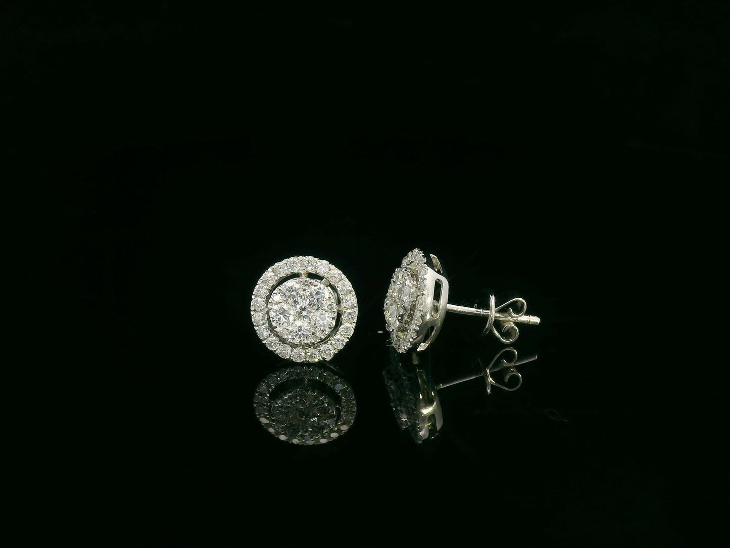 18K white gold diamond halo stud earrings with round cluster design and 1.05 carat total diamond weight by Emirates Diamonds