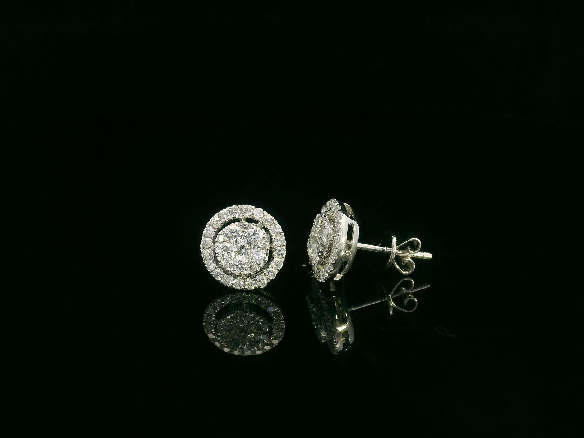 18K white gold diamond halo stud earrings with round cluster design and 1.05 carat total diamond weight by Emirates Diamonds